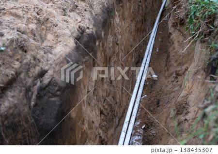 Buried water pipes in trench, insulated underground pipeline, residential plumbing, earth channel, groundwork for house utilities and thermal protection. Buried water pipes in trench, insulated underground pipeline, residential plumbing, earth channel, groundwork for house utilities and thermal protection. 138435307