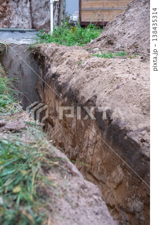 Excavated trench, insulated water line, outdoor groundwork, pipe laying, utility channel, earthworks, thermal pipeline, site repair, supply installation prep. Excavated trench, insulated water line, outdoor groundwork, pipe laying, utility channel, earthworks, thermal pipeline, site repair, supply installation prep. 138435314