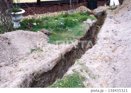 Ground trench for insulated plumbing pipes, water supply, construction installation, coverage, repairwork, utility pipe laying, house improvement, maintenance, base. Ground trench for insulated plumbing pipes, water supply, construction installation, coverage, repairwork, utility pipe laying, house improvement, maintenance, base. 138435321
