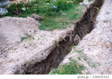 Trench channel for insulated pipes, water pipeline groundwork, utility construction, laying, site repairwork, protection, insulated tube installation, network, setup. Trench channel for insulated pipes, water pipeline groundwork, utility construction, laying, site repairwork, protection, insulated tube installation, network, setup. 138435322