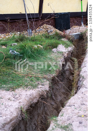 Excavated site trench with insulated pipeline, utility laying, groundwork, water supply, foundation, repair, protection, construction, house maintenance, thermal work. 138435324