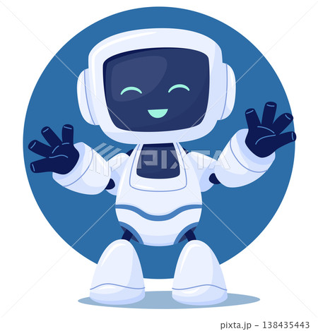A cute cartoon android character with a screen for a face. The robot is happy and waving its arms A cute cartoon android character with a screen for a face. The robot is happy and waving its arms 138435443