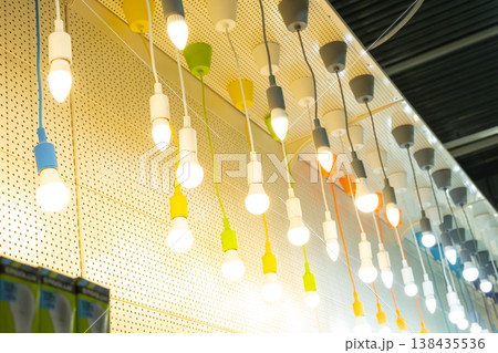 Artistic retro light bulbs display in shop, decorative vintage glass lamps, interior lighting, creative home and store design, stylish ambiance feature. Artistic retro light bulbs display in shop, decorative vintage glass lamps, interior lighting, creative home and store design, stylish ambiance feature. 138435536