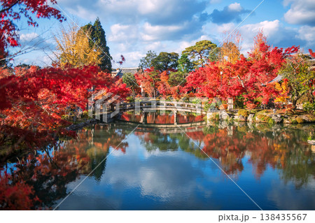 bridge across pond to Eikando shrine with autumn leaf colors, Kyoto 138435567
