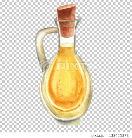Olive oil in a glass bottle with a cork, watercolor isolated illustration. Hand drawn Mediterranean cuisine clip art in a simple rustic style for food festival design. 138435878