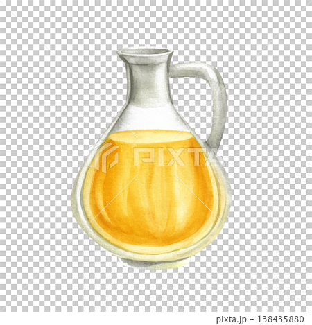 Olive oil in a glass bottle, isolated watercolor illustration. Hand drawn Mediterranean cuisine clip art in a simple rustic style and sunny tones for food festival design. Olive oil in a glass bottle, isolated watercolor illustration. Hand drawn Mediterranean cuisine clip art in a simple rustic style and sunny tones for food festival design. 138435880