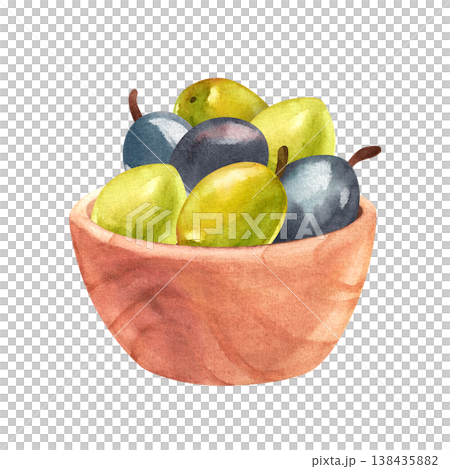 Ripe green and dark olive fruits in a wooden bowl, watercolor illustration isolated. Hand drawn Mediterranean plants clip art in a simple rustic style for food festival design. Ripe green and dark olive fruits in a wooden bowl, watercolor illustration isolated. Hand drawn Mediterranean plants clip art in a simple rustic style for food festival design. 138435882