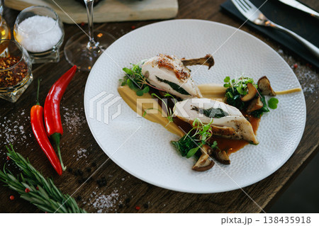 Exquisite Gourmet Chicken Dish Featuring a Savory Herb Filling and Colorful Vegetable Garnish 138435918
