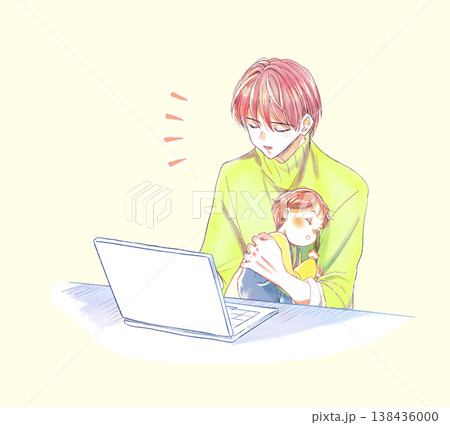 子供を抱きながらノートパソコンを操作する男性 笑顔 子供を抱きながらノートパソコンを操作する男性 笑顔 138436000