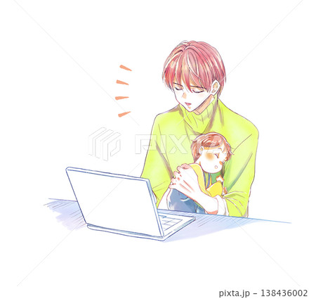 子供を抱きながらノートパソコンを操作する男性 笑顔 子供を抱きながらノートパソコンを操作する男性 笑顔 138436002