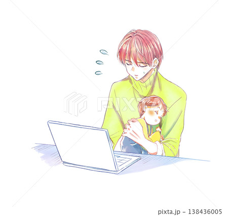 子供を抱きながらノートパソコンを操作する男性 困る 子供を抱きながらノートパソコンを操作する男性 困る 138436005