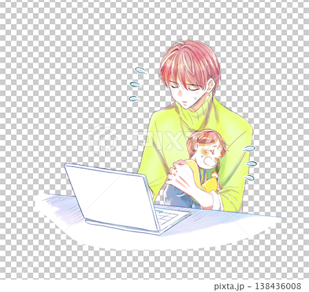A man is using a laptop while holding a crying child; it's a difficult situation. A man is using a laptop while holding a crying child; it's a difficult situation. 138436008