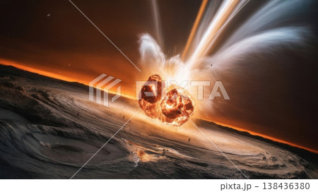 Two Celestial Bodies Collide Creating Explosions and Light in Outer Space Environment 138436380