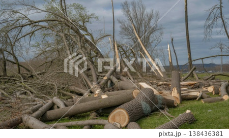 Broken Trees and Scattered Debris After Storm in a Field Near a River 138436381