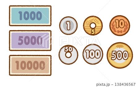 お金（紙幣と硬貨）のイラスト素材｜家計・学習素材 138436567