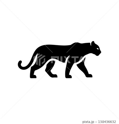 A bold black vector silhouette of a prowling or walking black panther cougar or mountain lion. The design is simple and dynamic representing speed power and wild nature. 138436632
