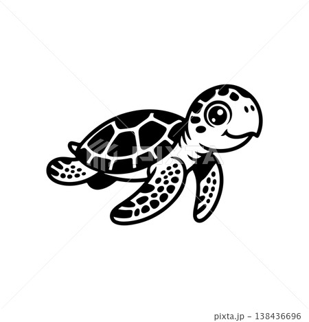 A simple black and white vector drawing of a cute friendly baby sea turtle swimming or floating. The marine animal has a large shell and a happy smiling face. A simple black and white vector drawing of a cute friendly baby sea turtle swimming or floating. The marine animal has a large shell and a happy smiling face. 138436696