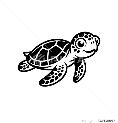 A simple black and white vector drawing of a cute friendly baby sea turtle swimming or floating. The marine animal has a large shell and a happy smiling face. A simple black and white vector drawing of a cute friendly baby sea turtle swimming or floating. The marine animal has a large shell and a happy smiling face. 138436697