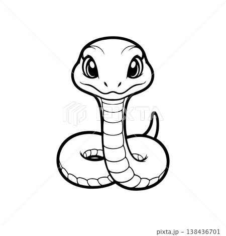 A simple black and white vector drawing of a cute happy friendly coiled cartoon snake mascot with large eyes and tongue flicking out. The style is childlike and minimalist. A simple black and white vector drawing of a cute happy friendly coiled cartoon snake mascot with large eyes and tongue flicking out. The style is childlike and minimalist. 138436701