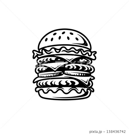 A simple black and white vector icon of a tall stacked double or triple cheeseburger with layers of bun lettuce cheese patties and vegetables. The style is bold and retro. A simple black and white vector icon of a tall stacked double or triple cheeseburger with layers of bun lettuce cheese patties and vegetables. The style is bold and retro. 138436742