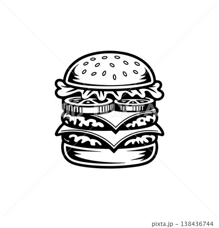 A simple black and white vector icon of a tall stacked double or triple cheeseburger with layers of bun lettuce cheese patties and vegetables. The style is bold and retro. A simple black and white vector icon of a tall stacked double or triple cheeseburger with layers of bun lettuce cheese patties and vegetables. The style is bold and retro. 138436744