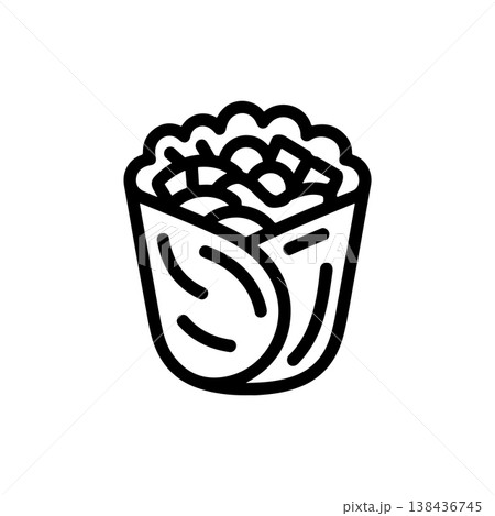 A bold black and white vector illustration of a vertically oriented burrito or wrap filled with meat beans rice and lettuce. The food is wrapped tightly in a tortilla. A bold black and white vector illustration of a vertically oriented burrito or wrap filled with meat beans rice and lettuce. The food is wrapped tightly in a tortilla. 138436745