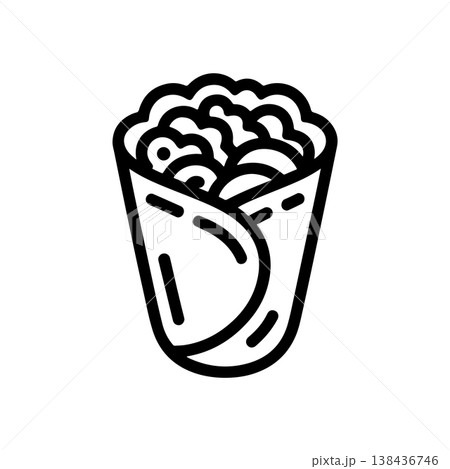 A bold black and white vector illustration of a vertically oriented burrito or wrap filled with meat beans rice and lettuce. The food is wrapped tightly in a tortilla. 138436746
