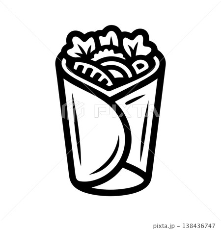 A bold black and white vector illustration of a vertically oriented burrito or wrap filled with meat beans rice and lettuce. The food is wrapped tightly in a tortilla. 138436747