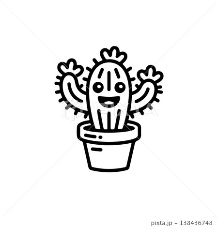 A simple black and white vector drawing of a cute happy smiling cactus mascot in a flower pot waving its arms. The desert plant has spines and a flower on its head. 138436748