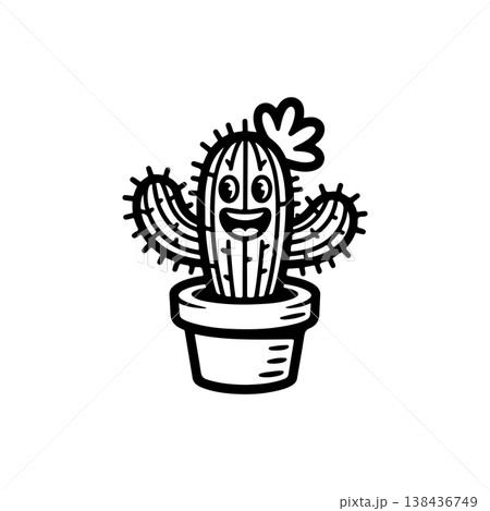 A simple black and white vector drawing of a cute happy smiling cactus mascot in a flower pot waving its arms. The desert plant has spines and a flower on its head. 138436749