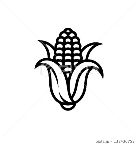 A simple black and white vector icon of a partially shucked ear of corn with visible kernels and husks. The style is bold and classic representing harvest and food. 138436755