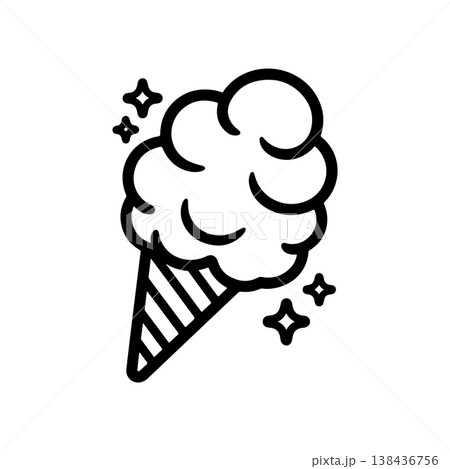 A simple black and white vector icon of a cone of cotton candy or spun sugar decorated with small stars and dots. The style is bold and linear representing a sweet treat. 138436756