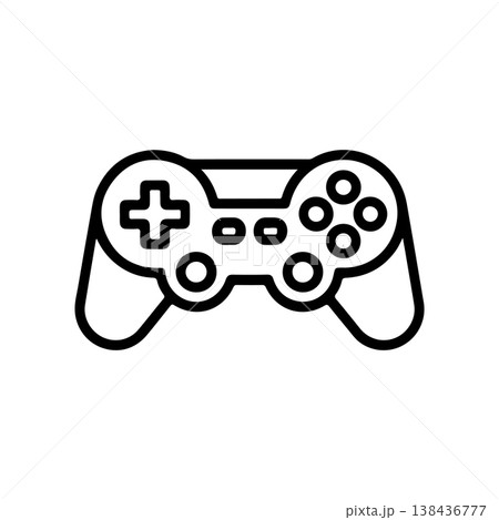 A simple black and white vector icon of a video game controller or gamepad featuring a D-pad and action buttons. The design is minimalist and represents gaming or esports. A simple black and white vector icon of a video game controller or gamepad featuring a D-pad and action buttons. The design is minimalist and represents gaming or esports. 138436777