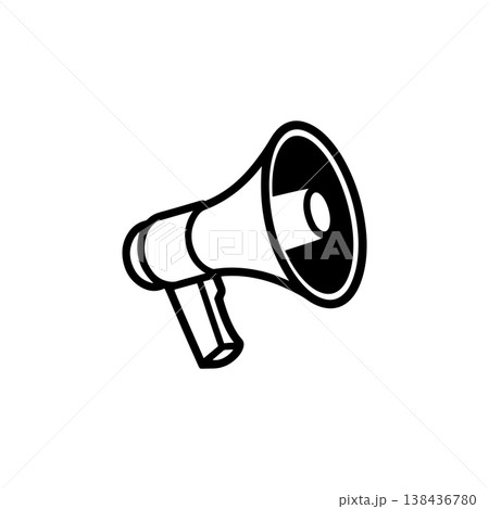 A bold black and white vector icon of a classic bullhorn or megaphone for public address. The design is simple and retro representing announcement or protest. A bold black and white vector icon of a classic bullhorn or megaphone for public address. The design is simple and retro representing announcement or protest. 138436780