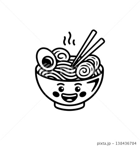 A simple black and white vector icon of a cute happy ramen bowl character with a smiling face filled with noodles eggs and chopsticks. The style is bold and linear. 138436784