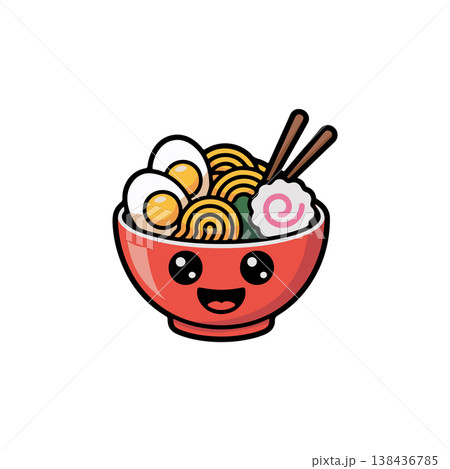 A simple black and white vector icon of a cute happy ramen bowl character with a smiling face filled with noodles eggs and chopsticks. The style is bold and linear. 138436785