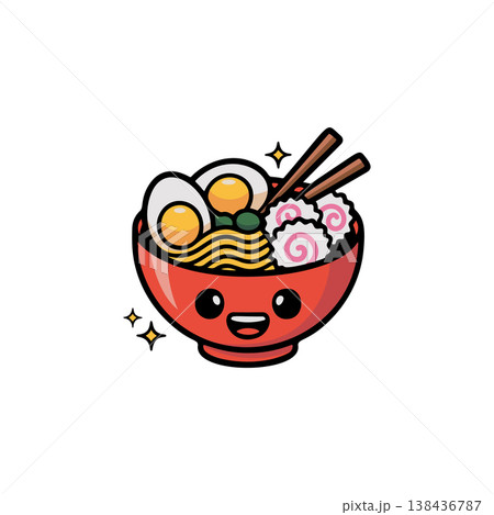 A simple black and white vector icon of a cute happy ramen bowl character with a smiling face filled with noodles eggs and chopsticks. The style is bold and linear. A simple black and white vector icon of a cute happy ramen bowl character with a smiling face filled with noodles eggs and chopsticks. The style is bold and linear. 138436787