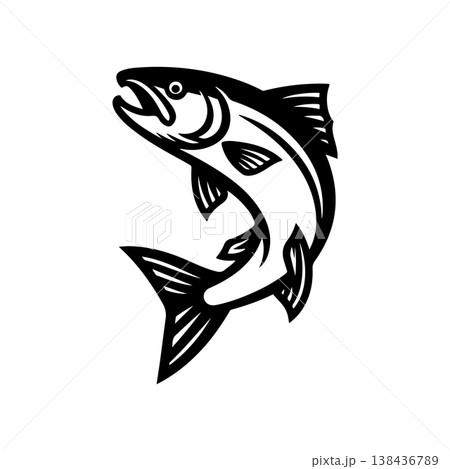 A bold black vector silhouette of a salmon or trout fish jumping out of the water. The design is simple and dynamic representing fishing nature and wild life. 138436789