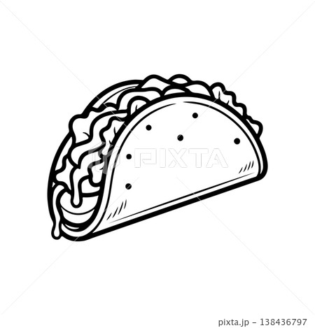 A bold black and white vector icon of a classic taco in a hard shell filled with beef lettuce cheese and salsa. The style is detailed and represents Mexican cuisine. 138436797