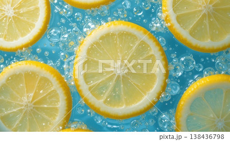 Lemon Slices Floating in Sparkling Water Create a Refreshing Summer Vibe With Vibrant Colors 138436798