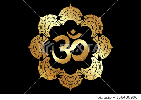 OM mantra mandala ancient Hindu symbol, gold Circular pattern flower Mehndi decoration, ornament in oriental style, vector illustration isolated on black background 138436906