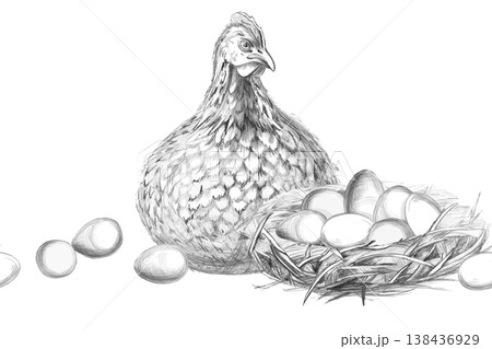 A hen next to a nest of eggs. Isolated pencil illustration for typography, farms, restaurants, food products, themed events, children's books, agriculture, and farmers' markets. 138436929