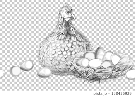 A hen next to a nest of eggs. Isolated pencil illustration for typography, farms, restaurants, food products, themed events, children's books, agriculture, and farmers' markets. 138436929