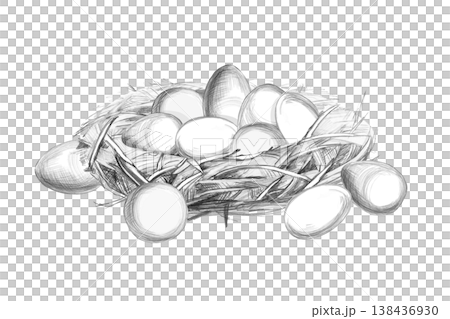 Nest with eggs. Isolated pencil illustration for printing houses, farms, restaurants, food products, themed events, children's books, agriculture, farmers markets. 138436930