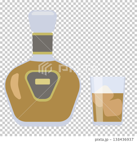 An illustration of brandy poured into a glass and a bottle. 138436937