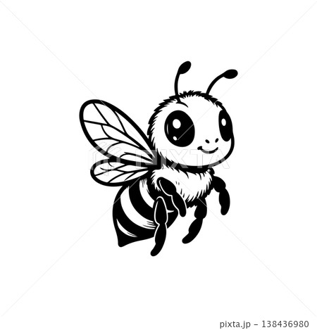 A simple black and white vector drawing of a cute friendly smiling honey bee mascot with wings antennae and stripes waving its hand. The style is childlike and minimalist. 138436980