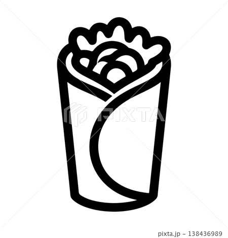 A bold black and white vector illustration of a vertically oriented burrito or wrap filled with meat beans rice and lettuce. The food is wrapped tightly in a tortilla. 138436989