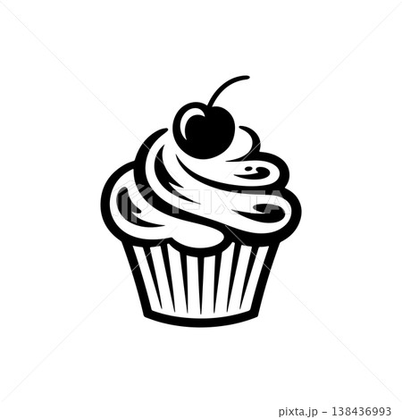 A bold black and white vector icon of a decorated cupcake or muffin topped with a swirl of frosting and a cherry. The style is classic minimalist and represents sweet treats. 138436993