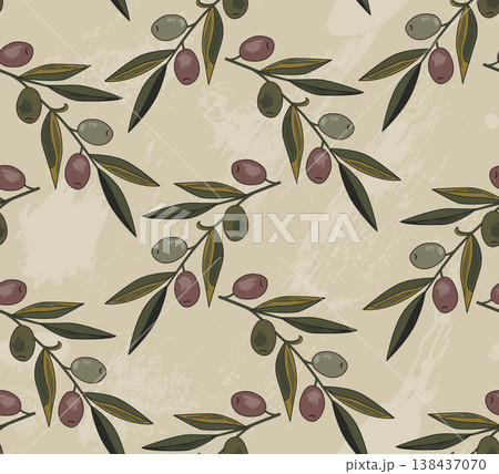 Vintage hand drawn olive branches seamless pattern. Vector illustration background. Vintage hand drawn olive branches seamless pattern. Vector illustration background. 138437070