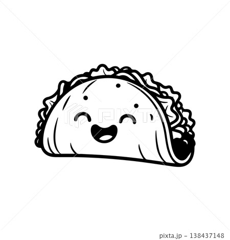A simple black and white vector drawing of a cute happy friendly taco mascot with a smiling face and large eyes. The hard shell is filled with meat and lettuce. 138437148